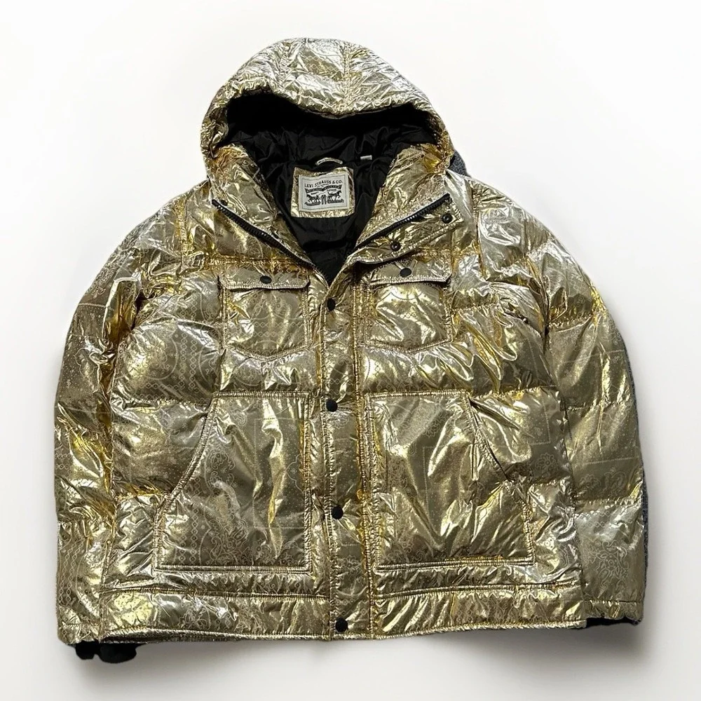 Levi's Puffer Jacket Men's L Gold Bandana Paisley Quilted Hooded  X2814 $225 - Picture 7 of 14